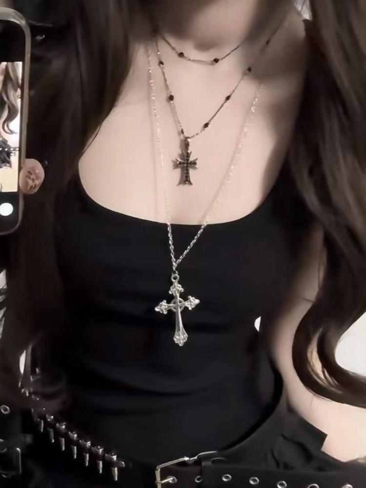 2/1Pcs Spicy Girls Gothic Lolita Cross Pendant Necklace Punk Women Sweet Cool Double Layer Beaded Chain Jewelry Accessories