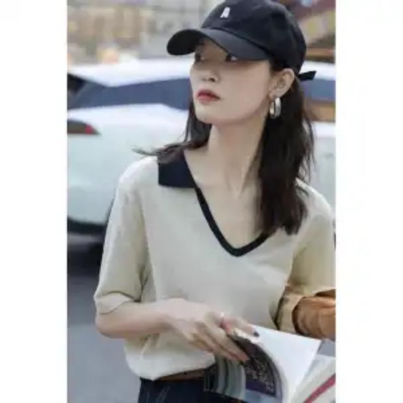 Women s Beige Contrast Trim Polo Neck Knit Top Short Sleeve Casual Blouse S белый