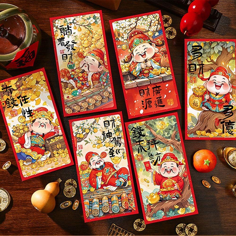 6pcs Traditional Children's Money Bag Hongbao Lucky Money Packet God of Wealth Red Pocket Bonus