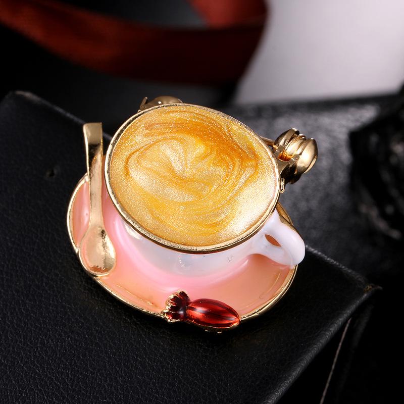 Fashion Coffee Cup Spoon Disc Shape Brooches White Enamel Gold Color Brooch Pins