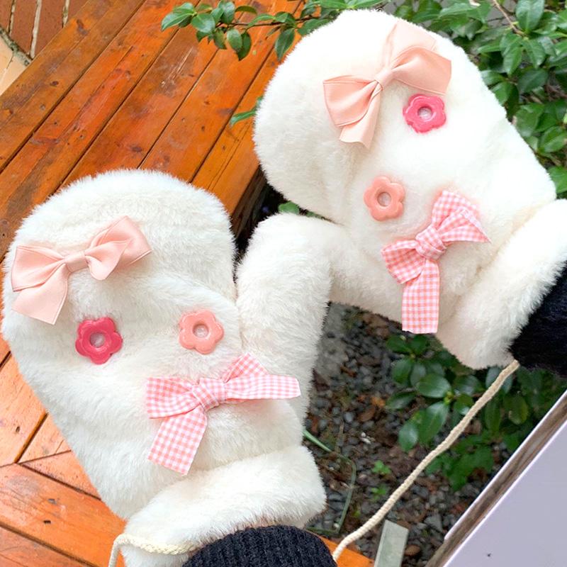 

1 пара пушистых ветрозащитных плюшевых перчаток с утолщенным цветочным принтом и бантом, морозостойкие, милые, милые