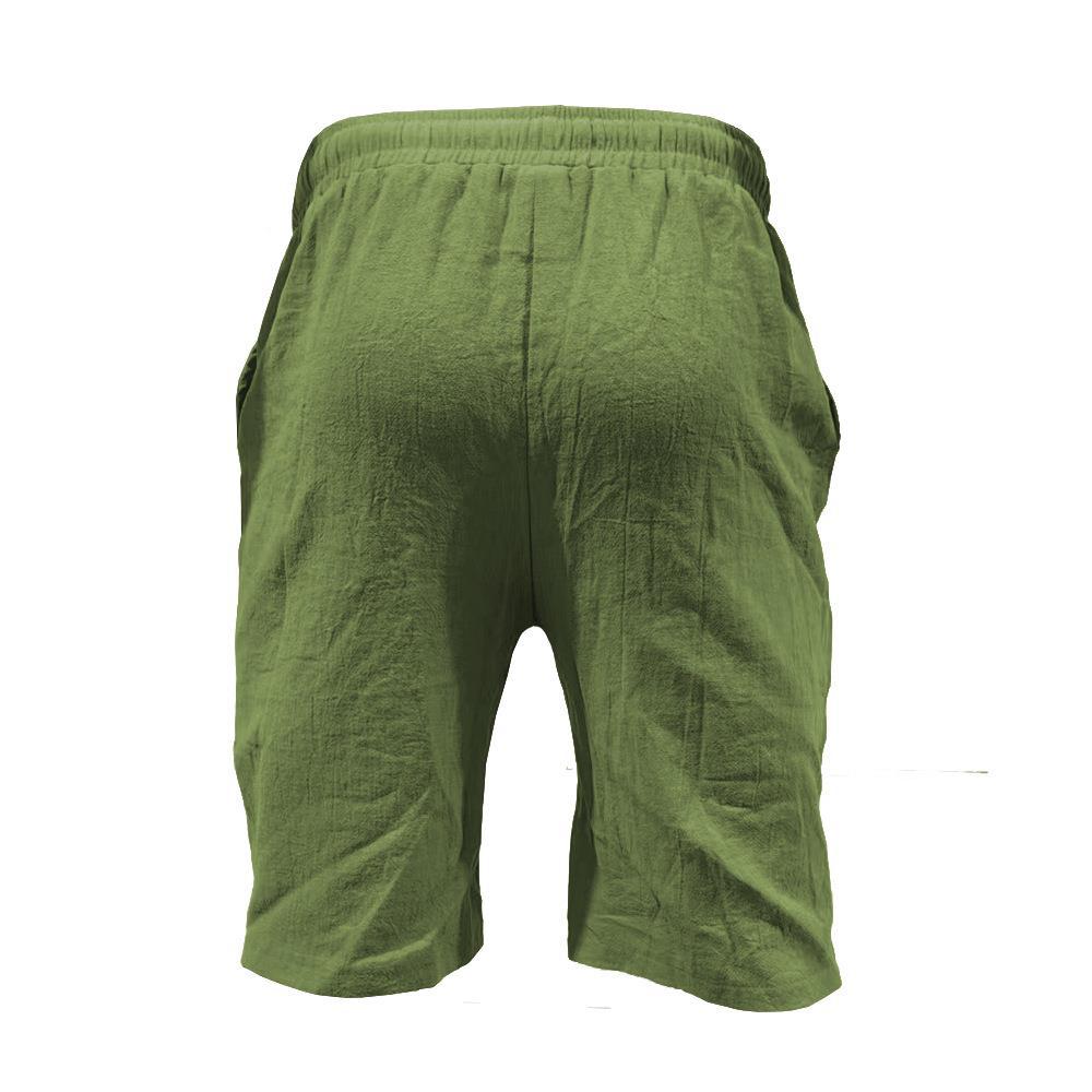 Men's Summer Cotton-Linen Shorts Drawstring Elastic Waistband Straight Leg Solid Color Breathable Casual Beach Shorts Mid-Length