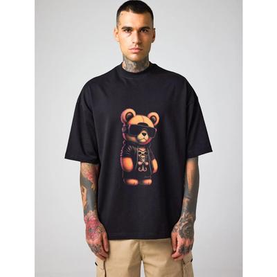 T-shirt Oversize Orso Nero Con Occhiali Da Sole E Giacca In Pelle Stile Streetwear Abbigliamento Casual Da Uomo