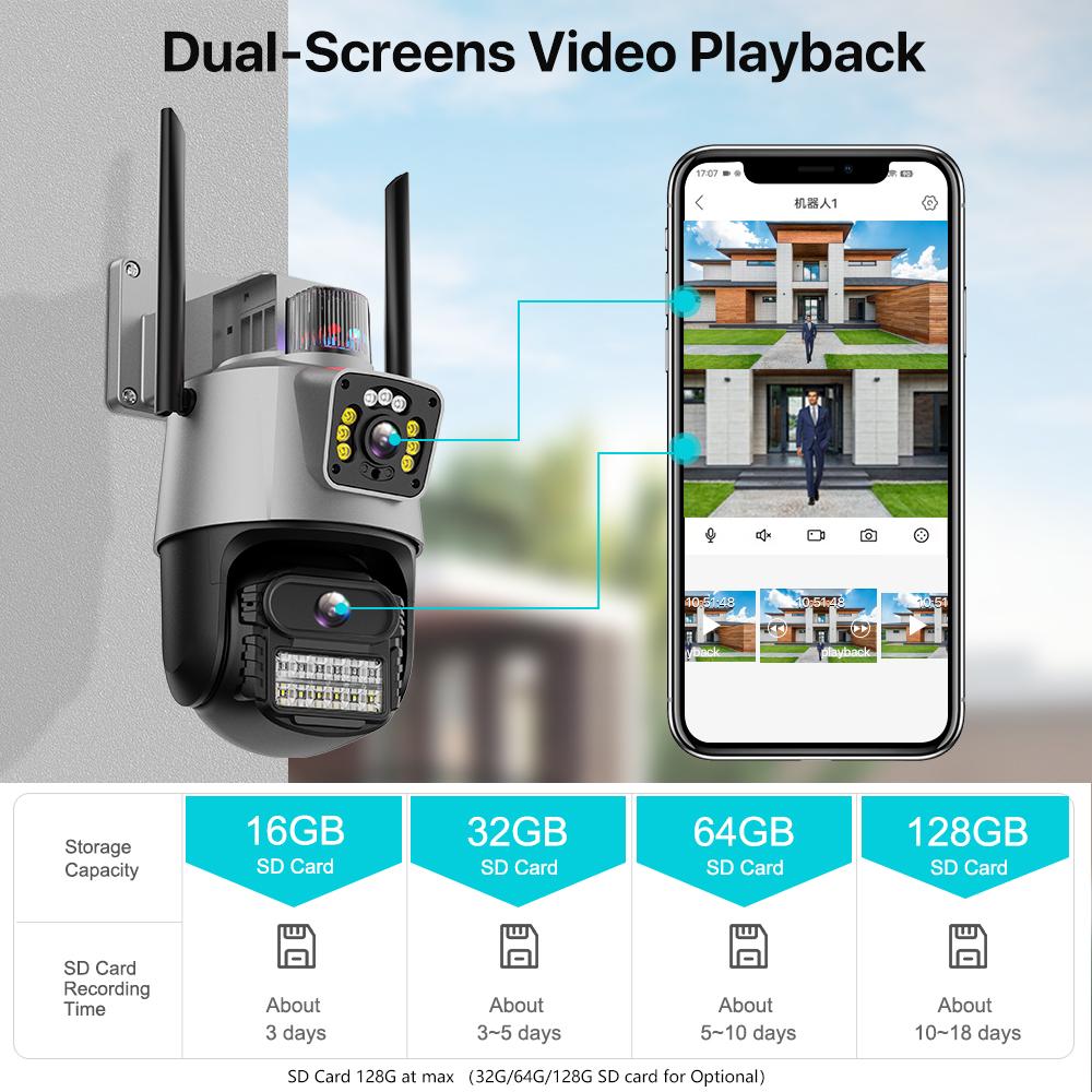 Outdoor-WLAN-PTZ-Kamera 4K 8MP HD Dual-Objektiv Dual-Screen-Kamera AI Auto Tracking 4MP Videoüberwachung Polizei Lichtalarm iCSee