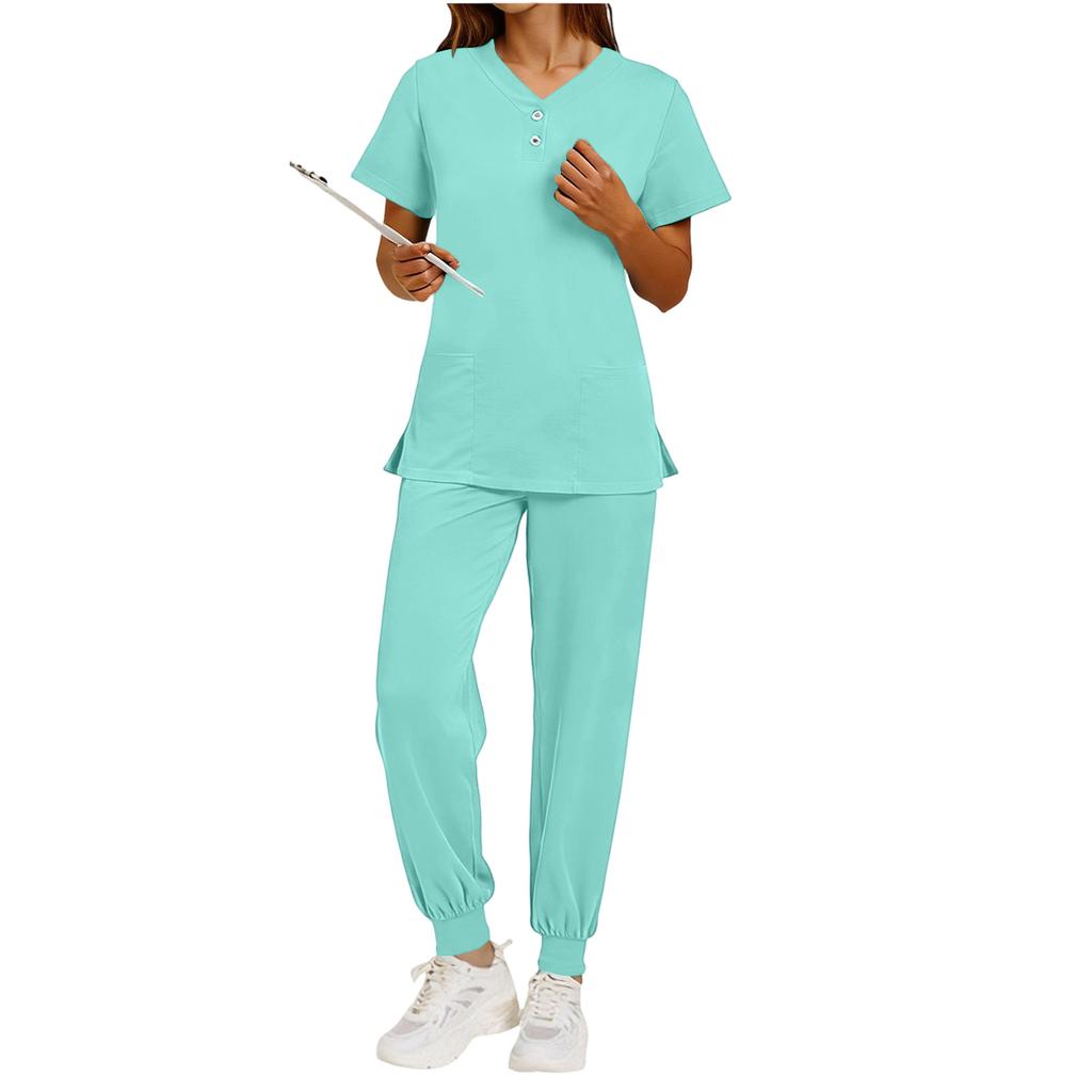 Nursing Scrub Set Women Quick Dry Fabric V Neck Short Sleeve Top with Pockets and Elastic Waist Long Pants Medical Uniform Workwear Set