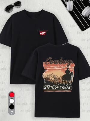 Pánské kovbojské tričko 100% bavlna s potiskem, oboustranný denim, potisk s motivem jezdectví, ležérní letní top s krátkým rukávem