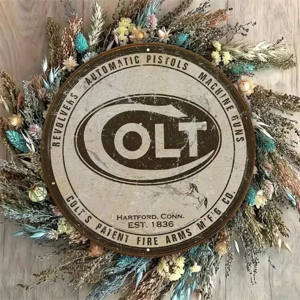 Colt Revolver Round Metal Tin Sign Vintage Wall Decor for Cafe Bar Home