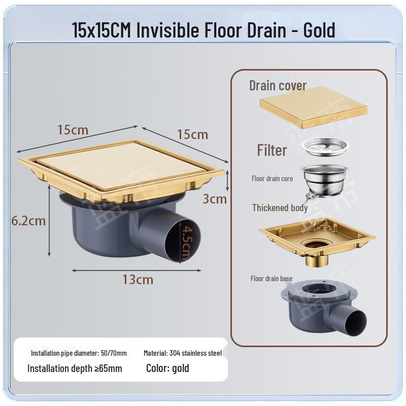 15x15 Odor-Proof Invisible Floor Drain, 304 Stainless Steel, Concealed for Bathroom or Shower Room