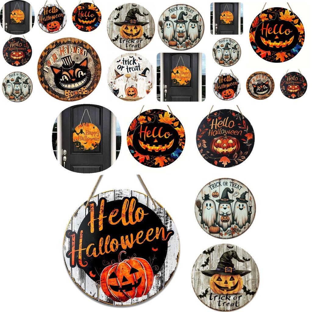 Contemporary Round Wooden Decor Sign For Halloween With Charming Black Cat Pumpkin And Ghost Motifs