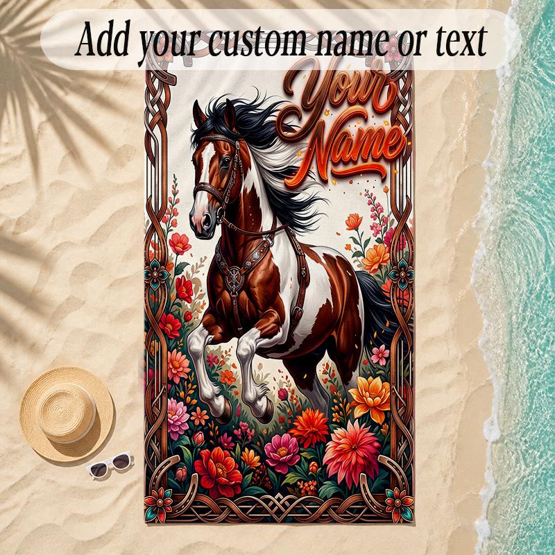 Horse Theme Soft Beach Towel Personalized Custom Name Text Towel Portable for Beach Pool Travel