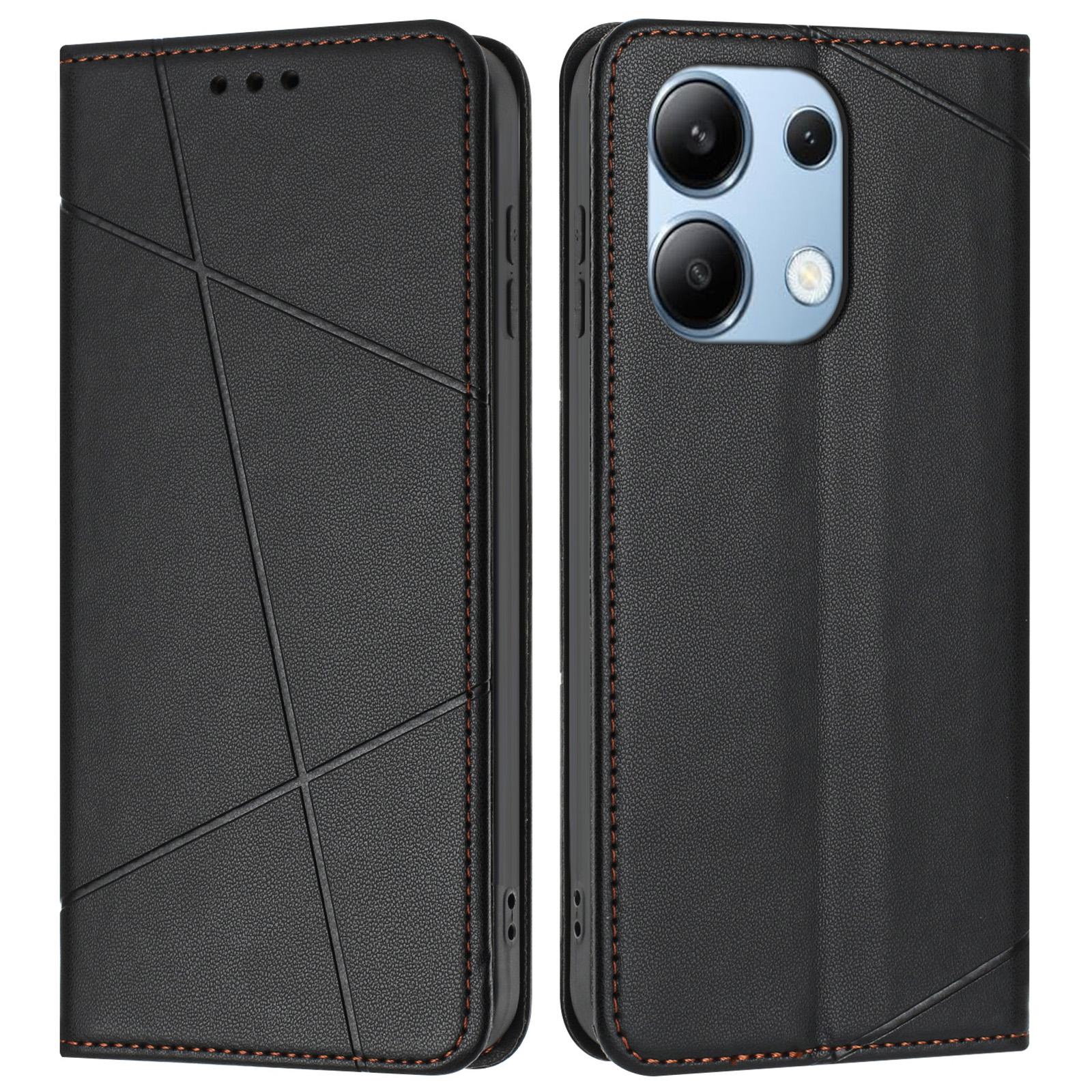 

For Xiaomi Redmi Note 13 4G Wallet Case Line Imprinted Leather Stand Phone Cover with Wrist Strap Black