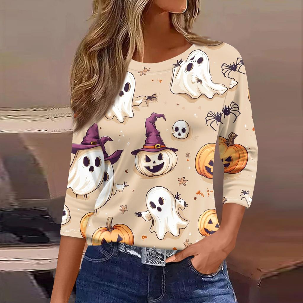 Damen T-Shirt, modisch, lässig, Rundhalsausschnitt, 3/4-Ärmel, lockeres bedrucktes T-Shirt, Damenoberteil