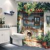 Rustic Kitchen Garden Shower Curtain - Stone Wall, Climbing Plants,Red Orange Blooms,Cobblestone Path,European Village Aesthet