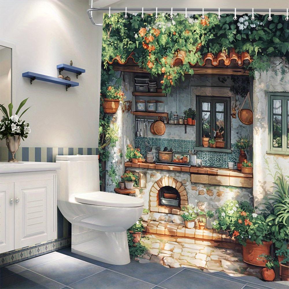 Rustic Kitchen Garden Shower Curtain - Stone Wall, Climbing Plants,Red Orange Blooms,Cobblestone Path,European Village Aesthet