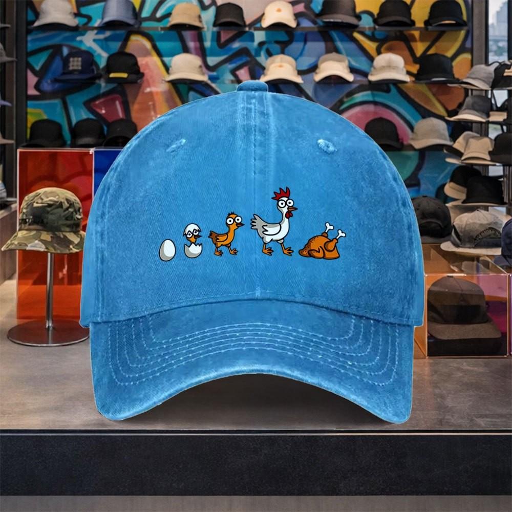 Cartoon Chicken Evolution Baseball Cap Washed Denim Adjustable Outdoor Casual Retro Hat