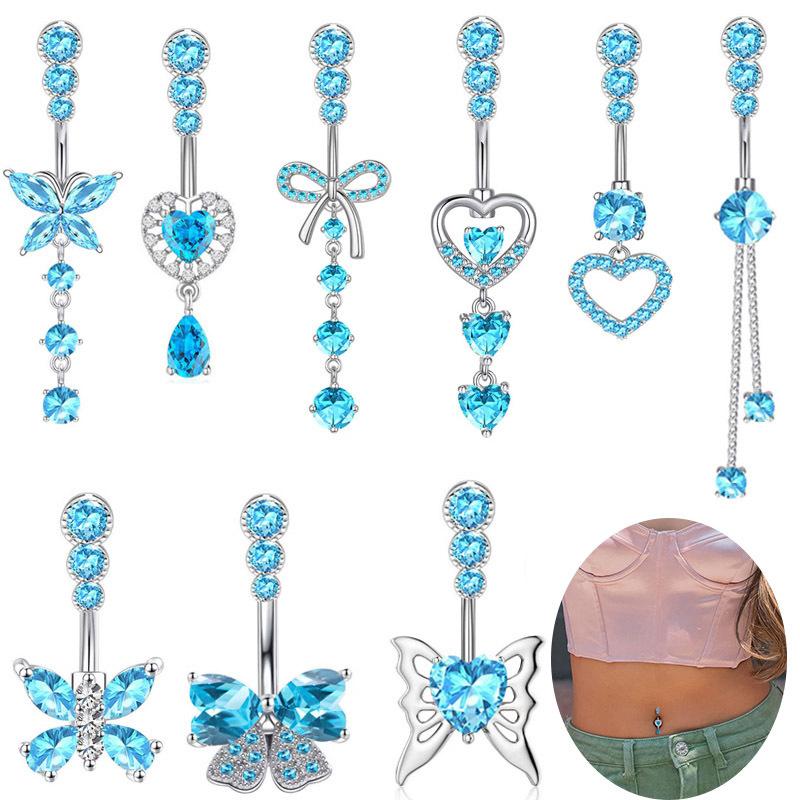 Blue Zircon Belly Button Rings Dangle Heart Butterfly Navel Piercing Stainless Steel Belly Bar Body Piercing Jewelry