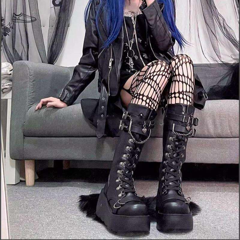 

Motorcycle Boots Platform Boots for Women Wedges Knee High Black Lace Up Fashion Goth Gothic Boots Punk Shoes Girls Winter 35 чорний