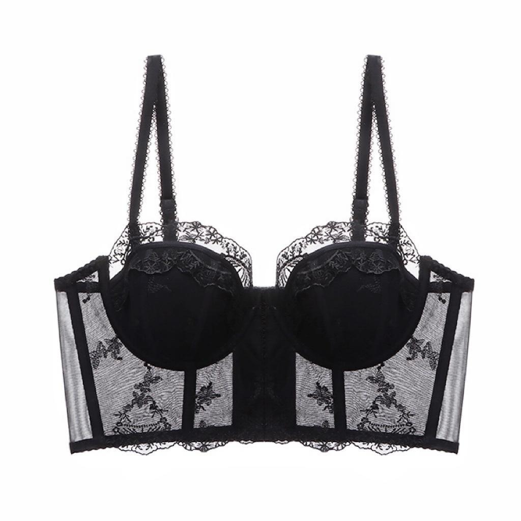 

French Sexy Embroidered Lace Underwear Thin Soft Steel Rim Bra Fish Bone Sculpting Gathering Tub Top Bra Cover XL чорний