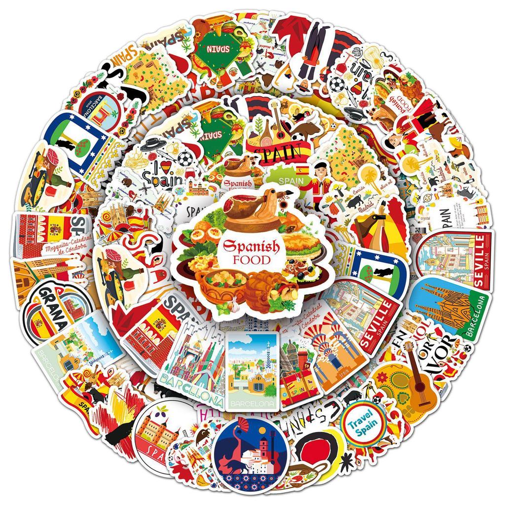 50-Pack Waterproof Spain Outdoor Scenery Cartoon Stickers for Water Bottles, Diaries, and Planners