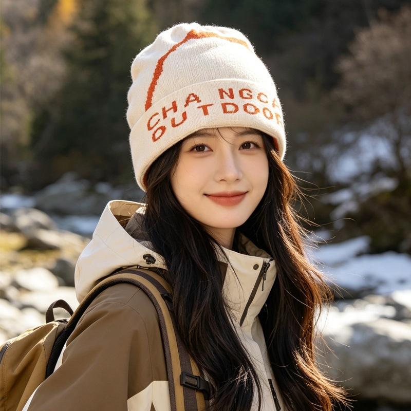 Baotou Autumn and Winter Wool Cold Hat New Face-showing Ear Protection Outdoor Small Mountaineering Climbing Knitted Hat Women