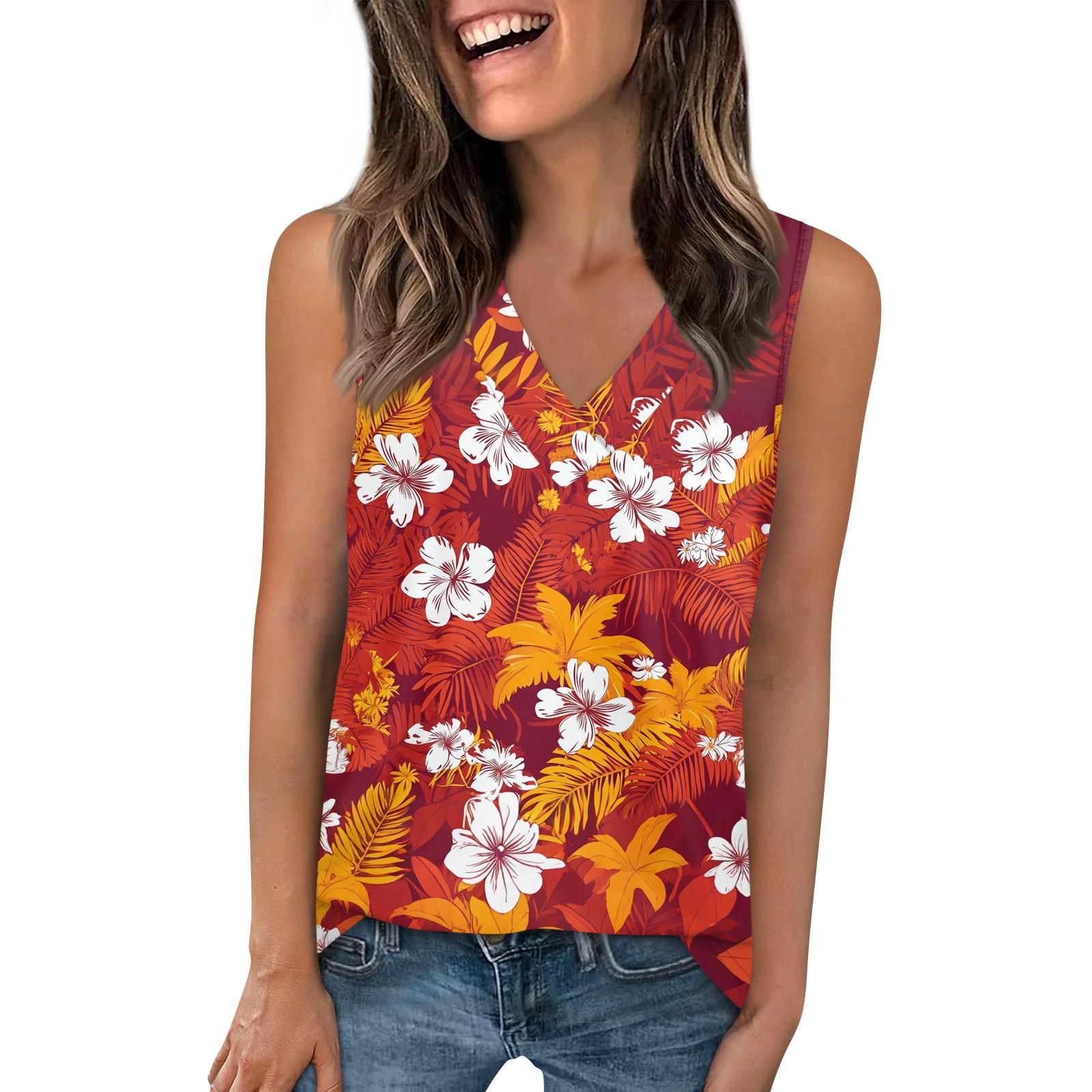 

V Neck Tank Top Women Print Tank Tee Casual Loose Fit Sleeveless Shirt XXXL червоний