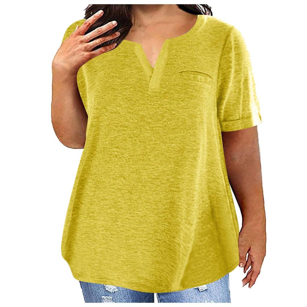 Women Casual Solid Color V Neck Short Sleeve Pocket Top Large Size T Shirt