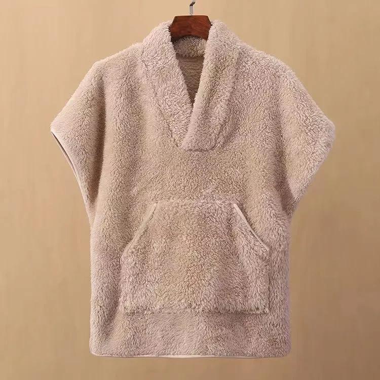 

Двусторонний жилет из кораллового флиса с V-образным вырезом, свободный жилет с рукавами «летучая мышь», теплый зимний топ XXL верблюд