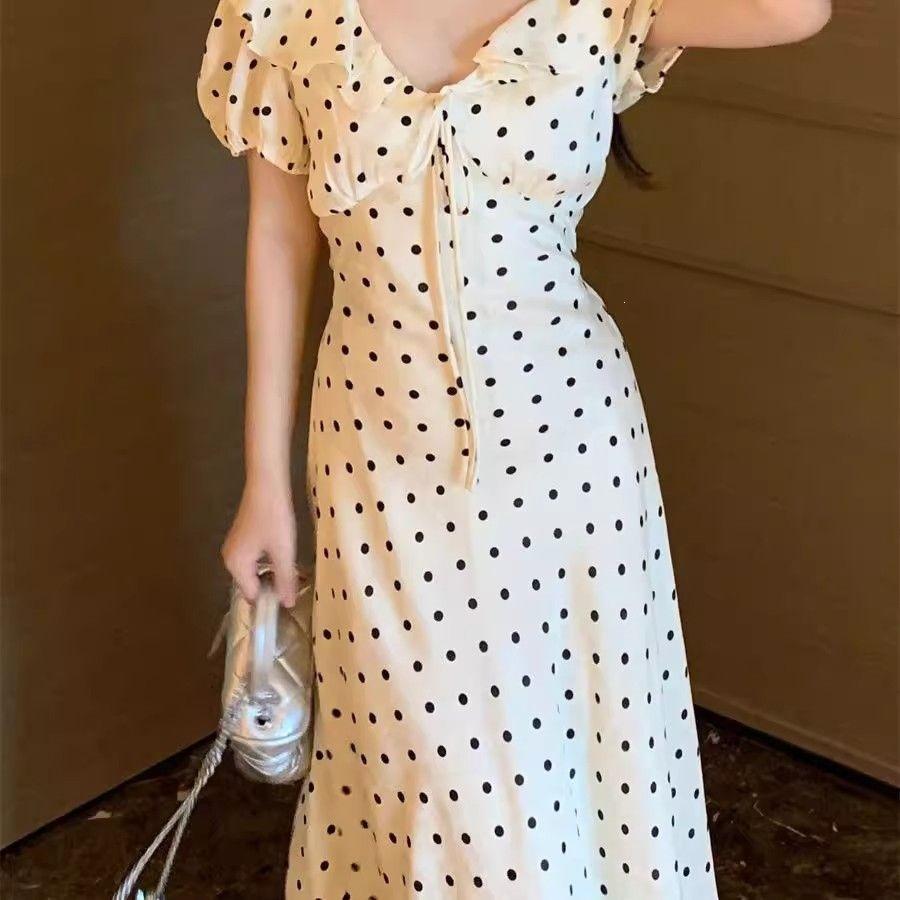 French ruffle edge bubble sleeve polka dot dress children's summer new French temperament waist dress