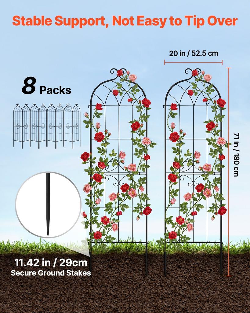 Garden Trellis, 180 x 52.5 cm Rose Trellis, 8Packs Garden Flower Rose Trellises with Powder-Coated Finish & Convenient Locking Design, Plant Support