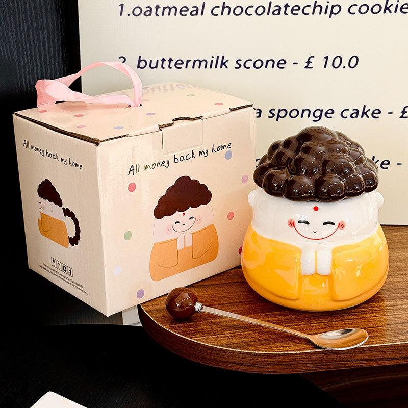 

Ceramic Mug with Lid Spoon for Home Breakfast Milk Oatmeal Cup Creative Personalized Water Cup Souvenir 420ml