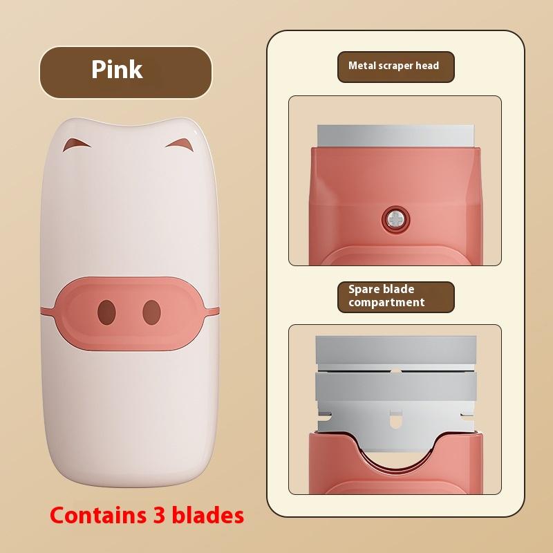 Cartoon Portable Rubber Scraper With 3 Pcs Metal Blades Range Hood Scraper Label Sticker Scraper Kitchen Stove Cleaning Tool розовый