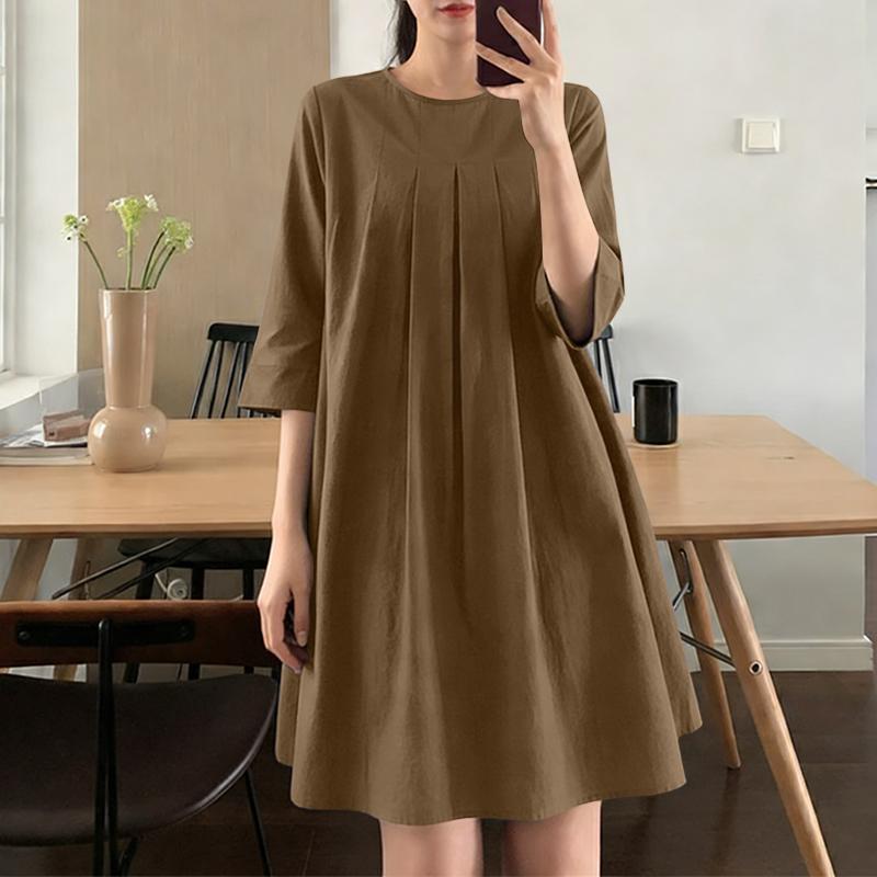 ZANZEA Women Casual Round Neck Solid Color 3/4 Sleeve Loose Dress