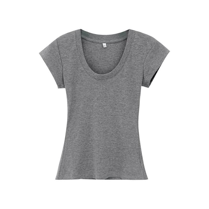 Gentle Girly U-Neck Threaded Bottom Top Short Sleeve Women's Summer Slim Skinny Spice Girl Shoulder Basic T-Shirt