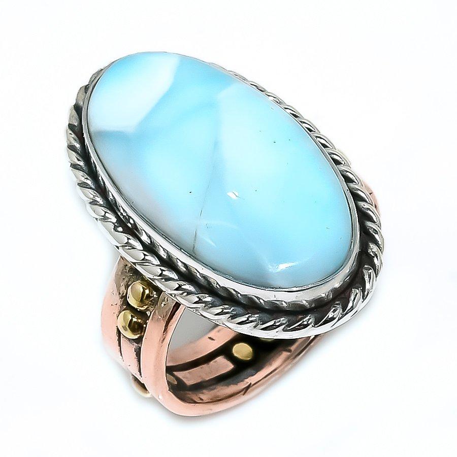 

Natural Larimar Gemstone 925 Solid Sterling Silver TwoTone Gift Ring S.9 f7s58