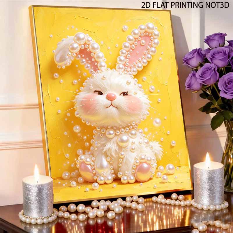 5D Framed Pearl Painting Kit Cute Bunny Pattern Sparkling Bead Art Canvas Ready to Display Romantic Home Decor Gift for Bedroom Wall Art