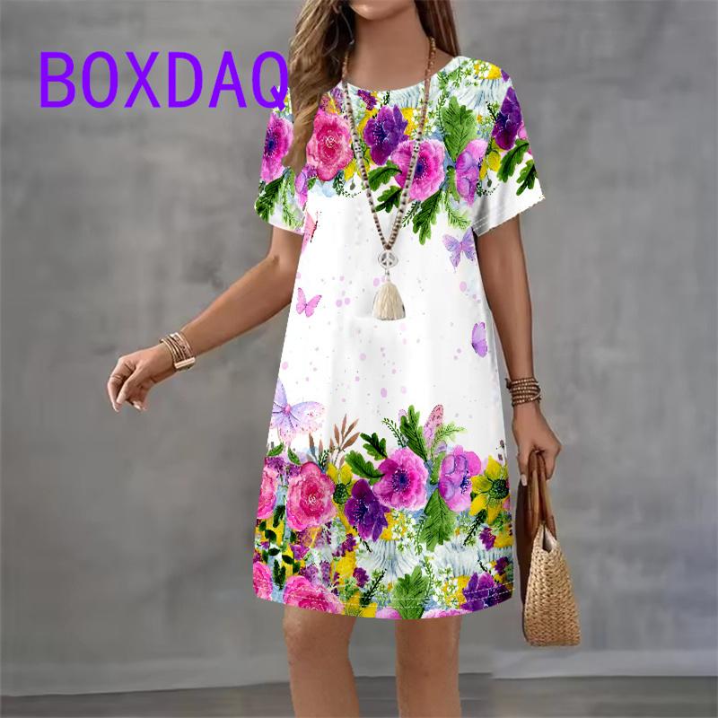 

Butterfly Flower Print Women Dress Fashion Elegant Short Sleeve O-Neck Loose A-Line Dress New Summer Beach Party Dress Sundress XL