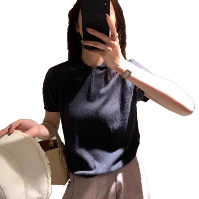 Solid Color Knitted Sweater Short-sleeved Women, Summer New Small Short Zipper Lapel Top Thin