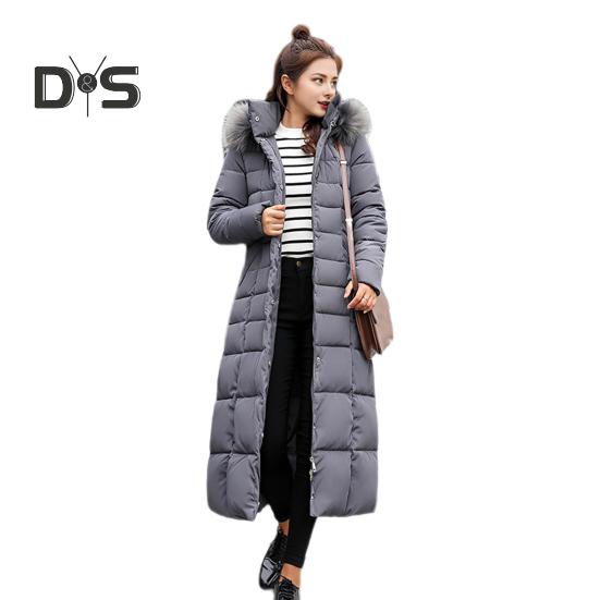 Winter Women Cotton Jacket Detachable Hood Neck Protection Long Sleeves Pockets Knee Length Zipper Closure Padded Coat Solid Color Windproof Outwear