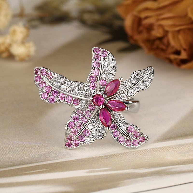 Ring Jewelry Light Luxury New Flower Design Inlaid Open Ruby Women's Fashion