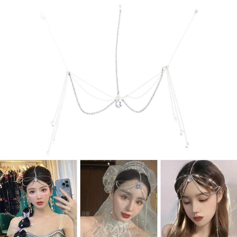 Rhinestone Waterdrop-Head Chain Headwear Crystal Forehead Headband Wedding Bridal Hair Chain Headpiece for Women Jewelry