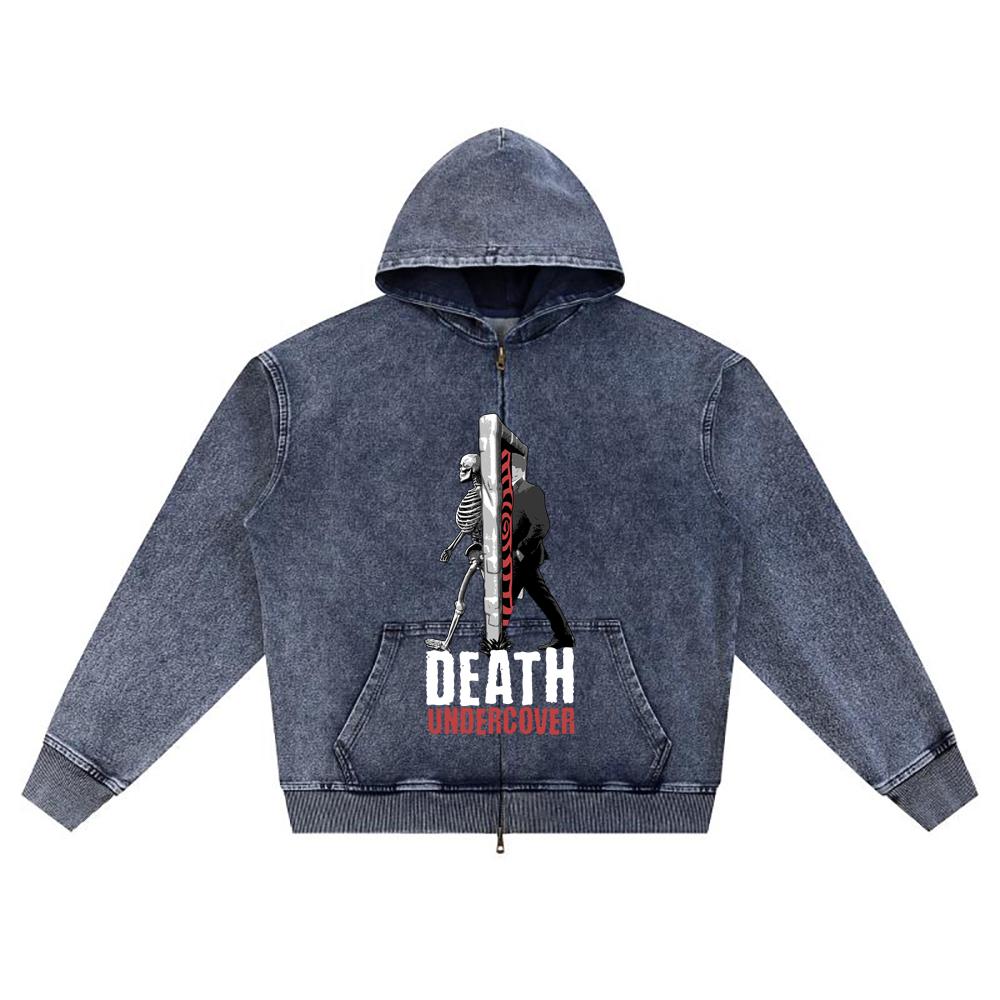 DTG print Knitted Denim Zip-Up Hoodie DEATH UNDERCOVER Brother Print Zipper Hoodies  