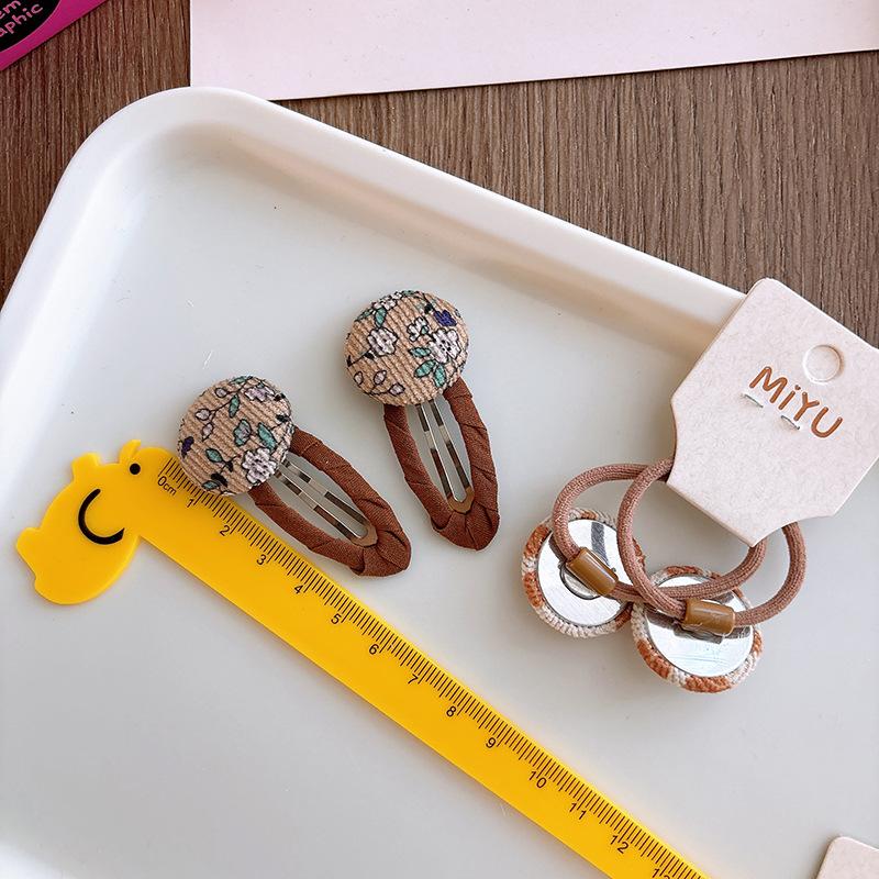Children's Break Clip Sweet Versatile Girls Fabric Hairpin Korean Milk Coffee Color Floral Button Hairline Baby Hair Accessories