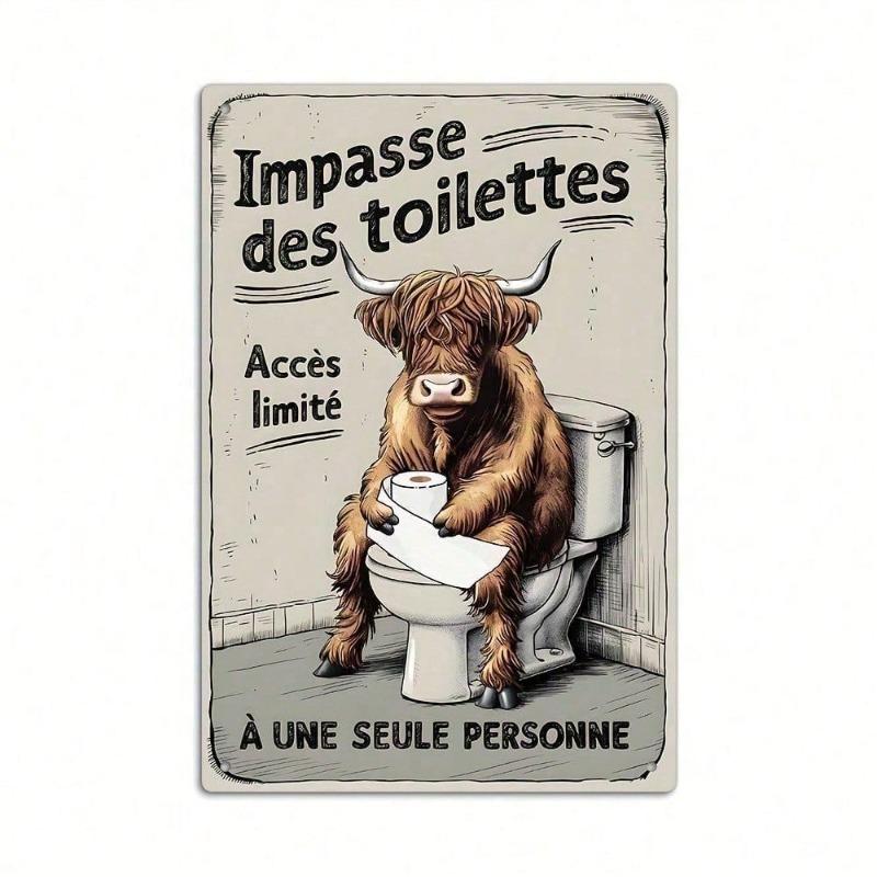 Vintage French Farmhouse Metal Tin Sign Wall Art, Rustic Bathroom Decor with Humorous Highland Cow "Impasse Des Toilettes" Sign,