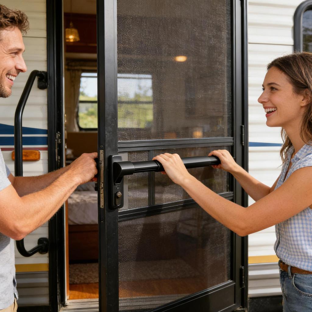 RV Screen Door Bar Adjustable Heavy Duty Push Crossbar Screen Door Grab Bar for Trailer Travel Easy Exit Assist Pull Grip