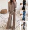 Tuta da ginnastica da donna a due pezzi, larga, manica lunga, spalle scoperte, top in maglia, pantaloni a gamba larga con elastico in vita, completo coordinato