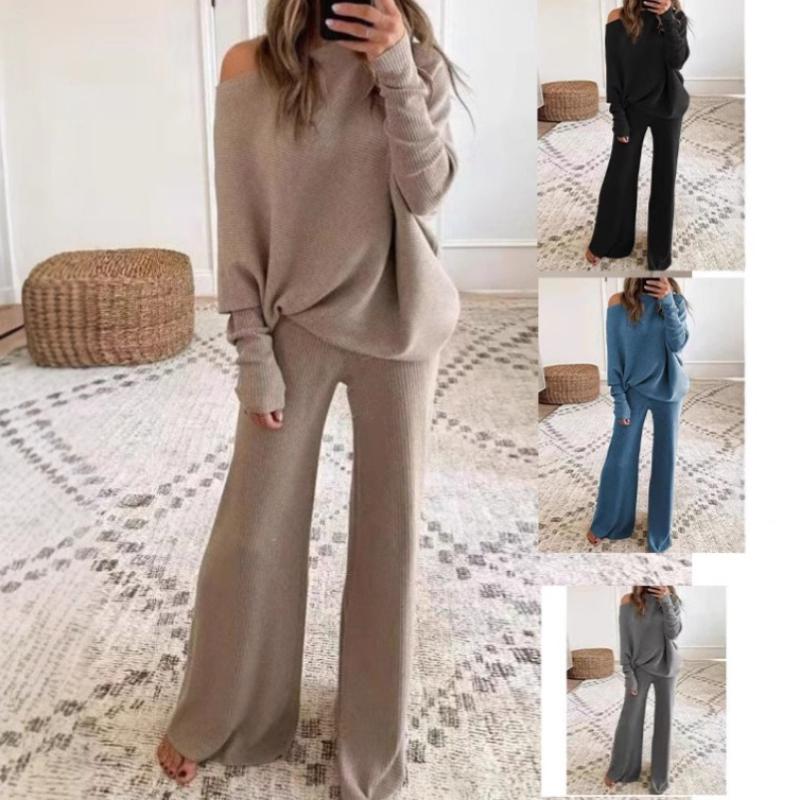 Tuta da ginnastica da donna a due pezzi, larga, manica lunga, spalle scoperte, top in maglia, pantaloni a gamba larga con elastico in vita, completo coordinato