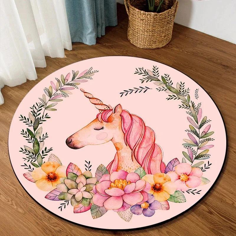 Cute Cartoon Unicorn Round Carpet Non-slip Rug for Office Living Room Bedroom Decor Soft Play Floor Mat Bathroom Kitchen Doormat