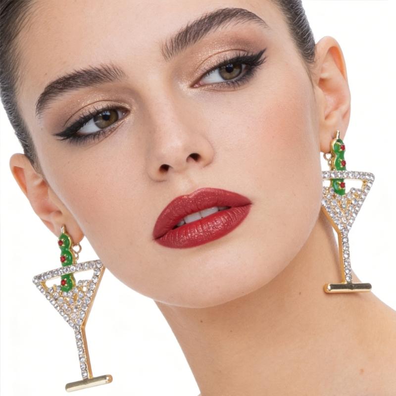 Clovers Earrings Featuring Diamonds Studs and Wine Glass Designs for Festive Luck Celebration Geometric Art
