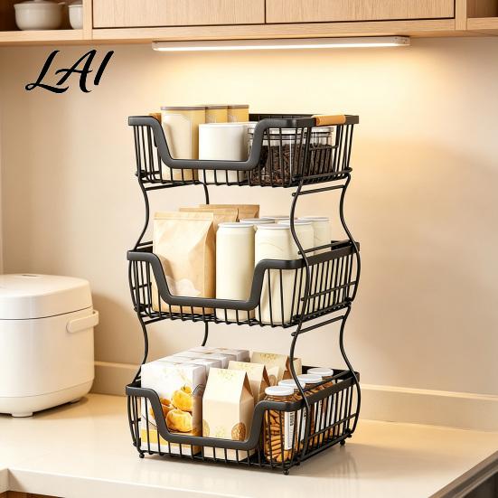 Office Desk Storage Shelf 2/3 Layer Countertop Organizer Rack Heavy Duty Fruit Basket Stand Sturdy Desktop Space Saving Carbon Steel Rack