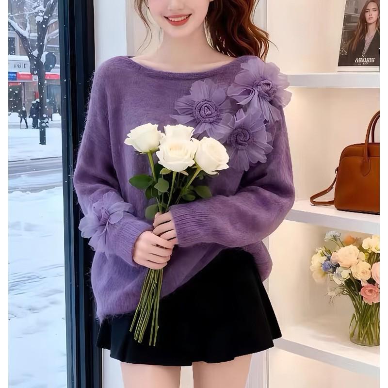 Women's 3D Floral Knit Sweater - Round Neck, Soft Long Sleeve Pullover for Autumn & Winter